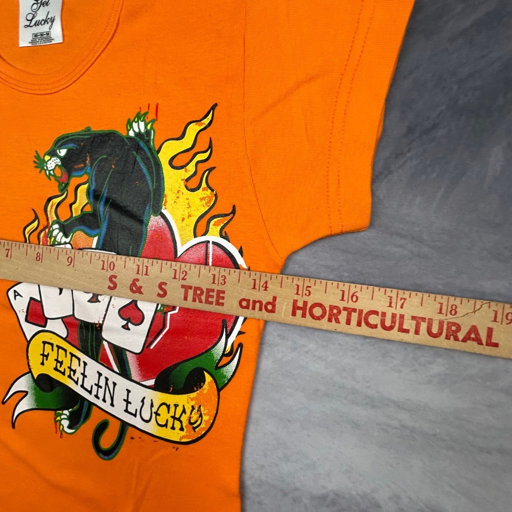 Get Lucky Orange Panther Graphic T-Shirt Y2K Slim Fit Baby Tee Mens Medium - Picture 7 of 7